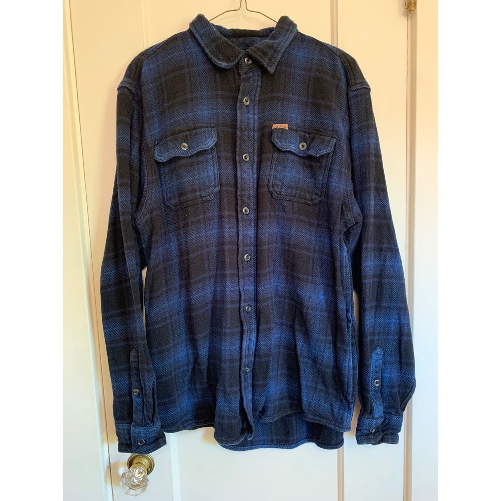 Orvis Mens Heavyweight Flannel Shirt Blue Black Plaid Cotton Large